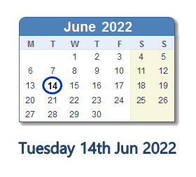 14 June 2022 calendar