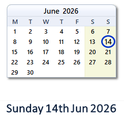 14 June 2026 calendar