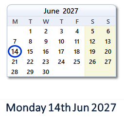 14 June 2027 calendar