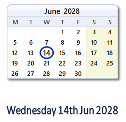 14 June 2028 calendar