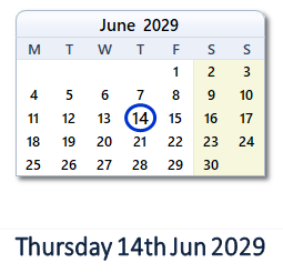 14 June 2029 calendar