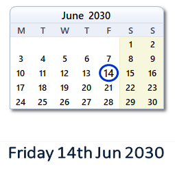 14 June 2030 calendar