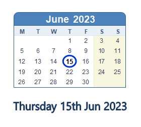 15 June 2023 calendar