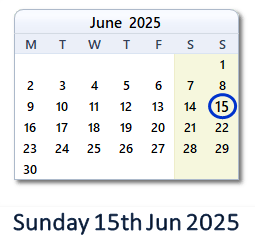 15 June 2025 calendar