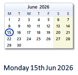 15 June 2026 calendar