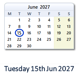 15 June 2027 calendar