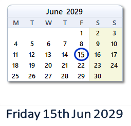 15 June 2029 calendar