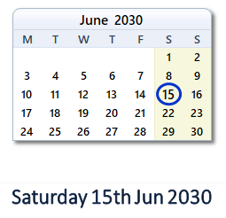 15 June 2030 calendar