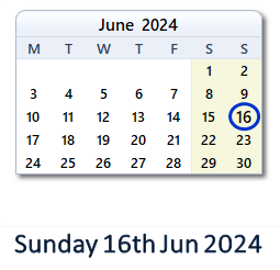 16 June 2024 calendar