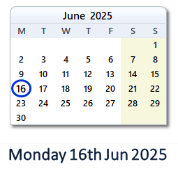 16 June 2025 calendar