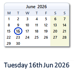 16 June 2026 calendar
