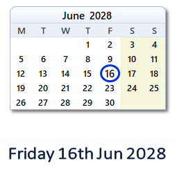 16 June 2028 calendar
