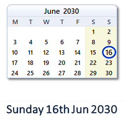 16 June 2030 calendar