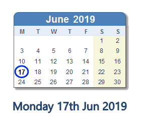 17 June 2019 calendar