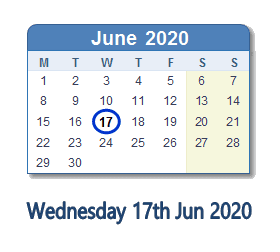 17 June 2020 Calendar with Holidays and Count Down - GBR