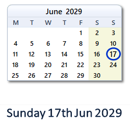 17 June 2029 calendar