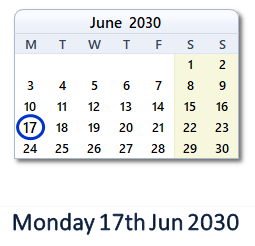 17 June 2030 calendar