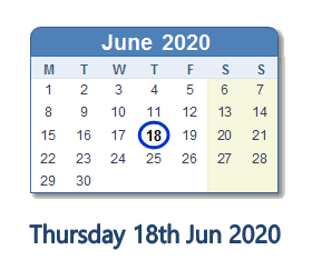 18 June 2020 Calendar with Holidays and Count Down - GBR