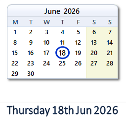 18 June 2026 calendar