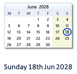 18 June 2028 calendar
