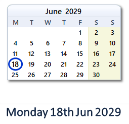 18 June 2029 calendar