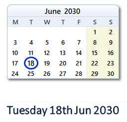 18 June 2030 calendar