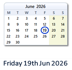 19 June 2026 calendar