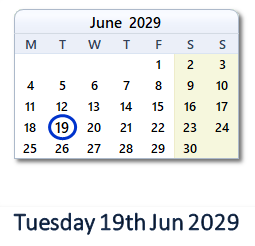 19 June 2029 calendar