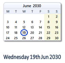 19 June 2030 calendar