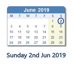 2 June 2019 calendar