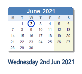 2 June 2021 calendar