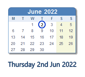 2 June 2022 calendar