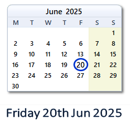 20 June 2025 calendar