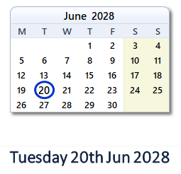 20 June 2028 calendar