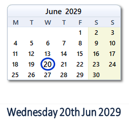 20 June 2029 calendar