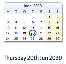 20 June 2030 calendar