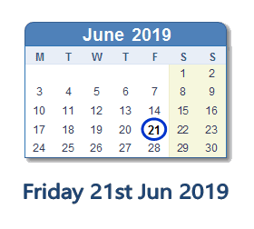 21 June 2019 calendar