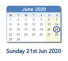 21 June 2020 calendar