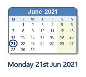 21 June 2021 calendar