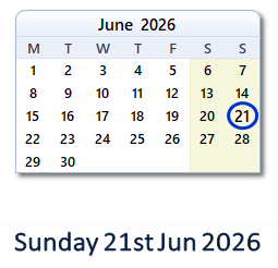 21 June 2026 calendar