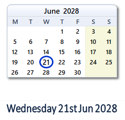 21 June 2028 calendar