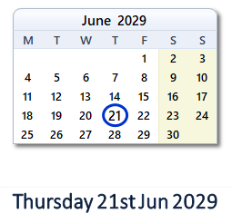21 June 2029 calendar
