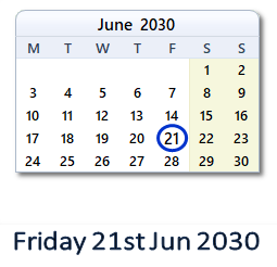 21 June 2030 calendar