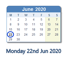 22 June 2020 calendar