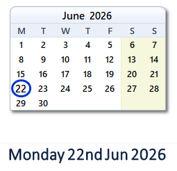 22 June 2026 calendar