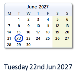22 June 2027 calendar