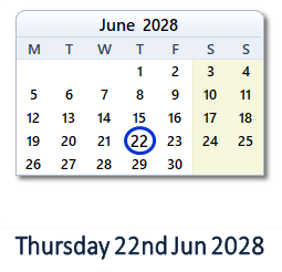 22 June 2028 calendar
