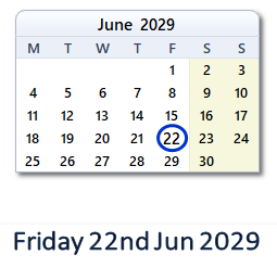 22 June 2029 calendar