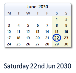 22 June 2030 calendar