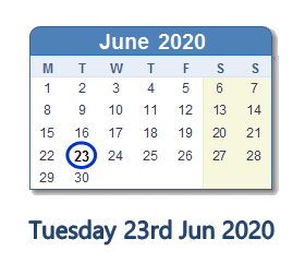 23 June 2020 calendar